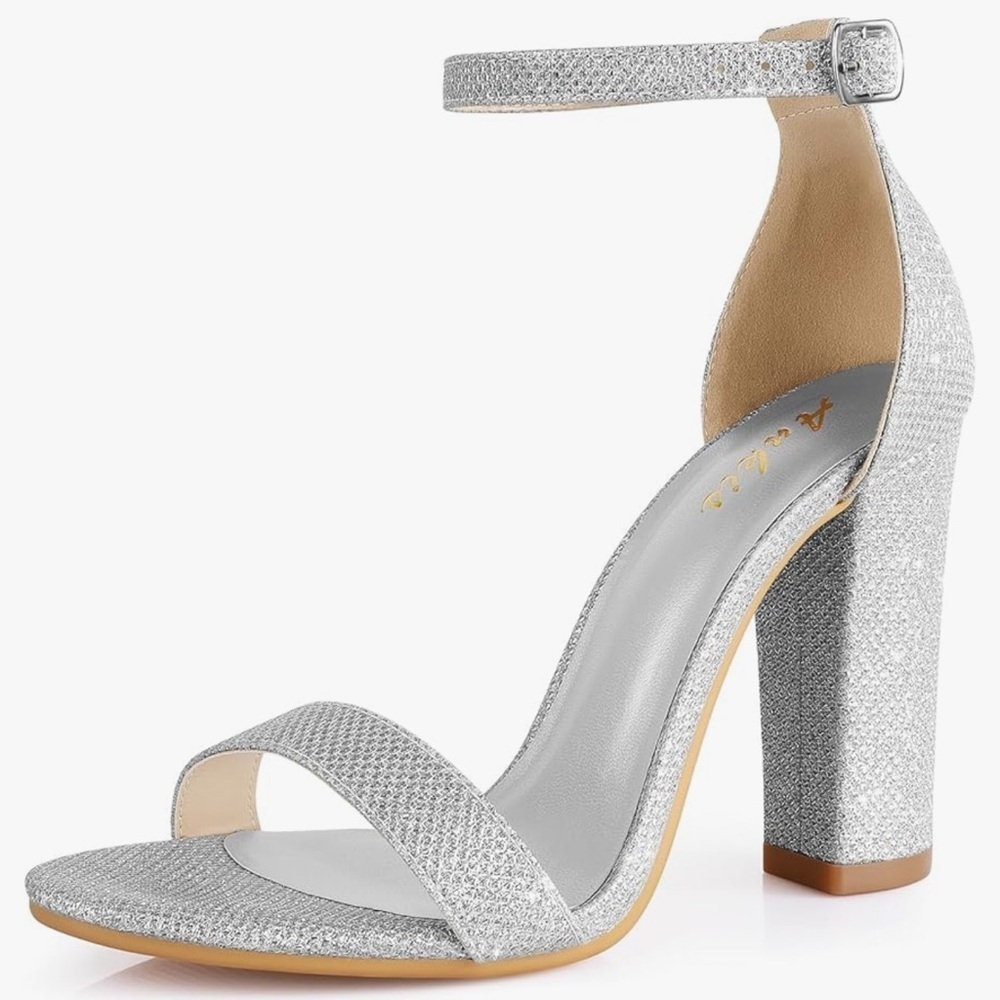 NEW Ankis Silver Glitter 4” Heel Pumps Chunky Strappy Women’s Size 7.5